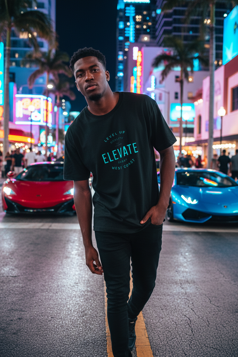 Black male model wearing Sky Is The Limit Tee on Miami streets at night with sports cars