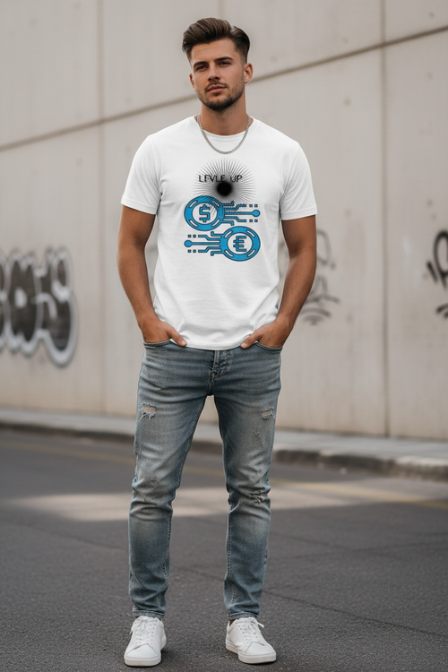 Male model wearing Digital Currency white t-shirt