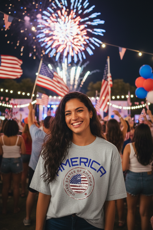 Hispanic female model smiling wearing America Flag T-Shirt at 4th of July celebration with fireworks