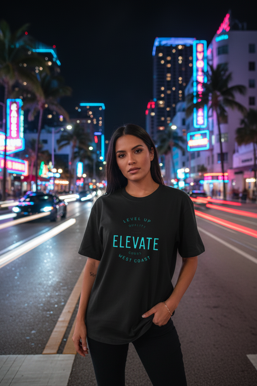 Hispanic female model wearing Sky Is The Limit Tee on Miami streets at night with sports cars