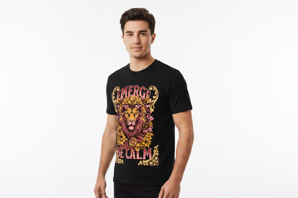 Male model wearing EMERGE BE CALM black t-shirt