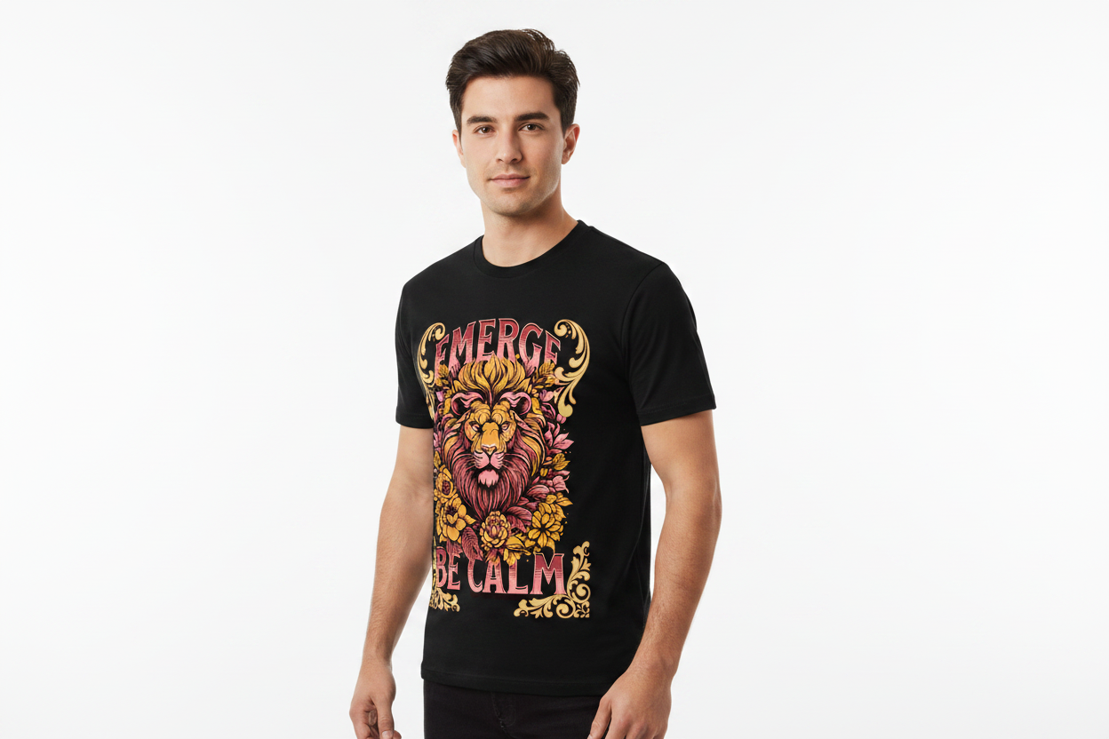Male model wearing EMERGE BE CALM black t-shirt