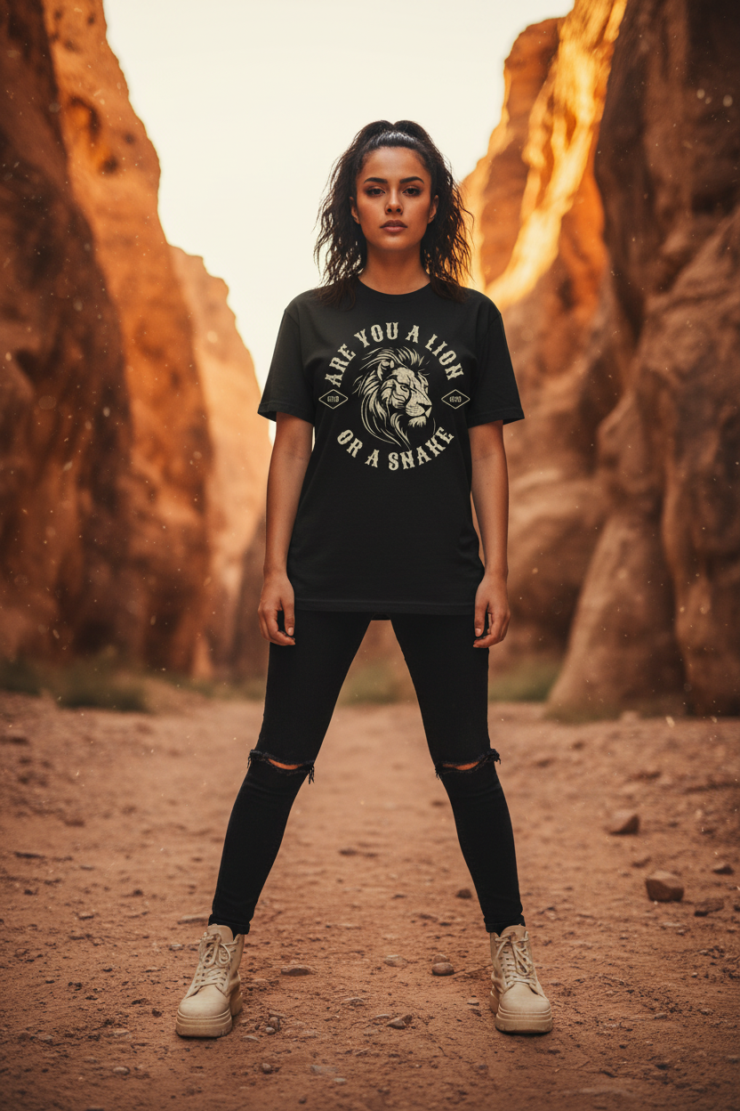 Hispanic girl wearing Are You a Lion or a Snake tee in desert canyon