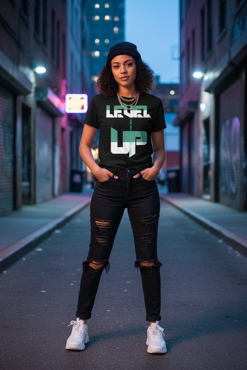 Female model wearing Level Up black t-shirt