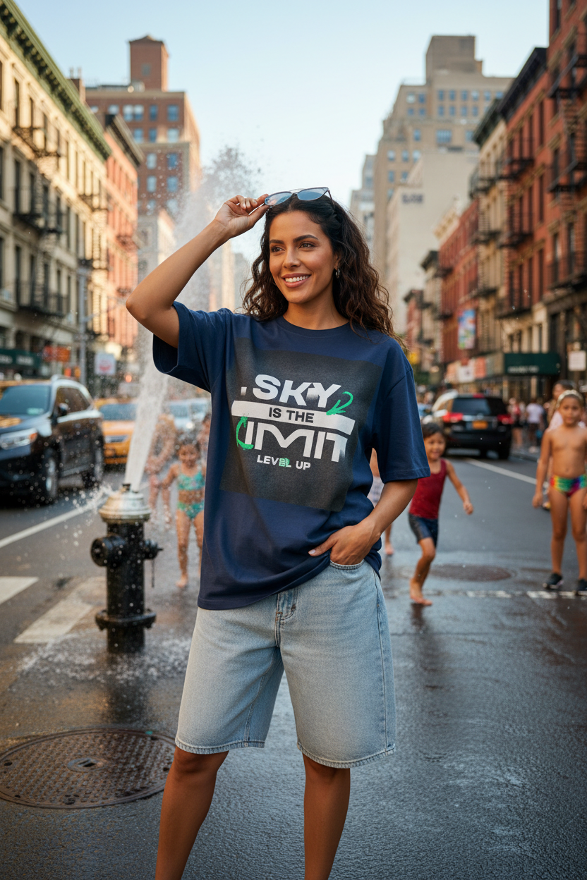 Hispanic female model wearing blue Sky Is The Limit t-shirt in NYC summer with fire hydrant
