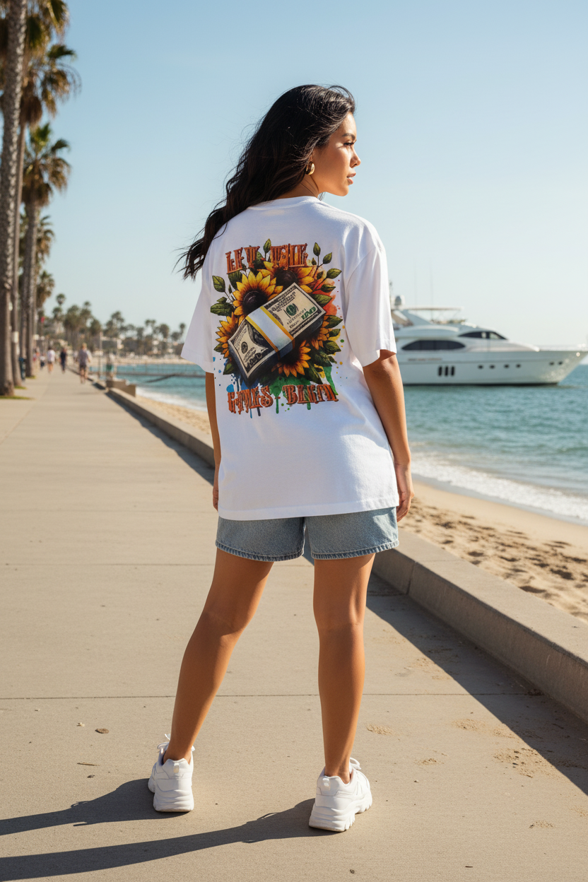 Hispanic female model wearing Money & Sunflowers Graphic Tee showing back print at San Diego beach with yacht