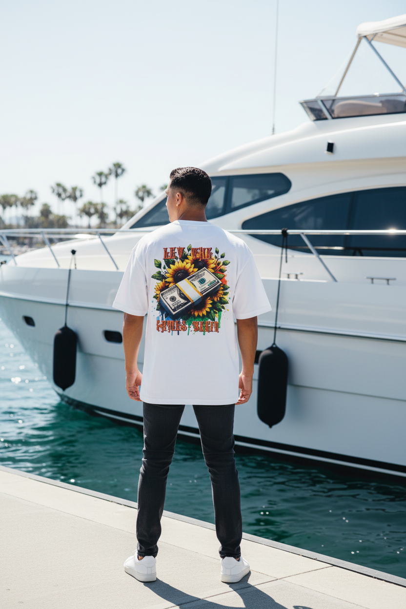Hispanic male model wearing Money & Sunflowers Graphic Tee back print on yacht dock San Diego