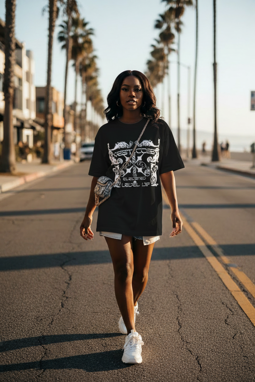 Black female model wearing black West Coast gothic graphic tee in Orange County California