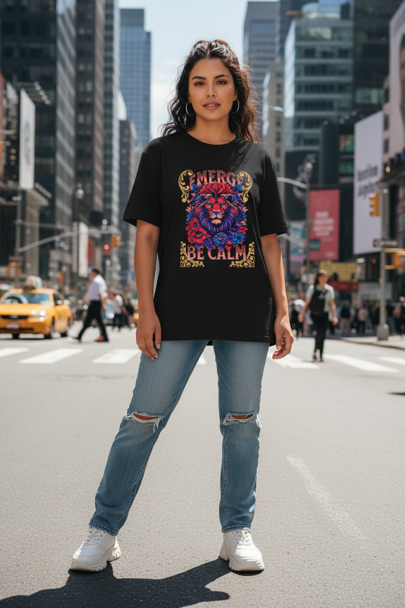 Hispanic female model wearing black Emerge Be Calm Lion T-Shirt in urban city