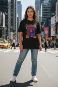 Hispanic female model wearing black Emerge Be Calm Lion T-Shirt in urban city