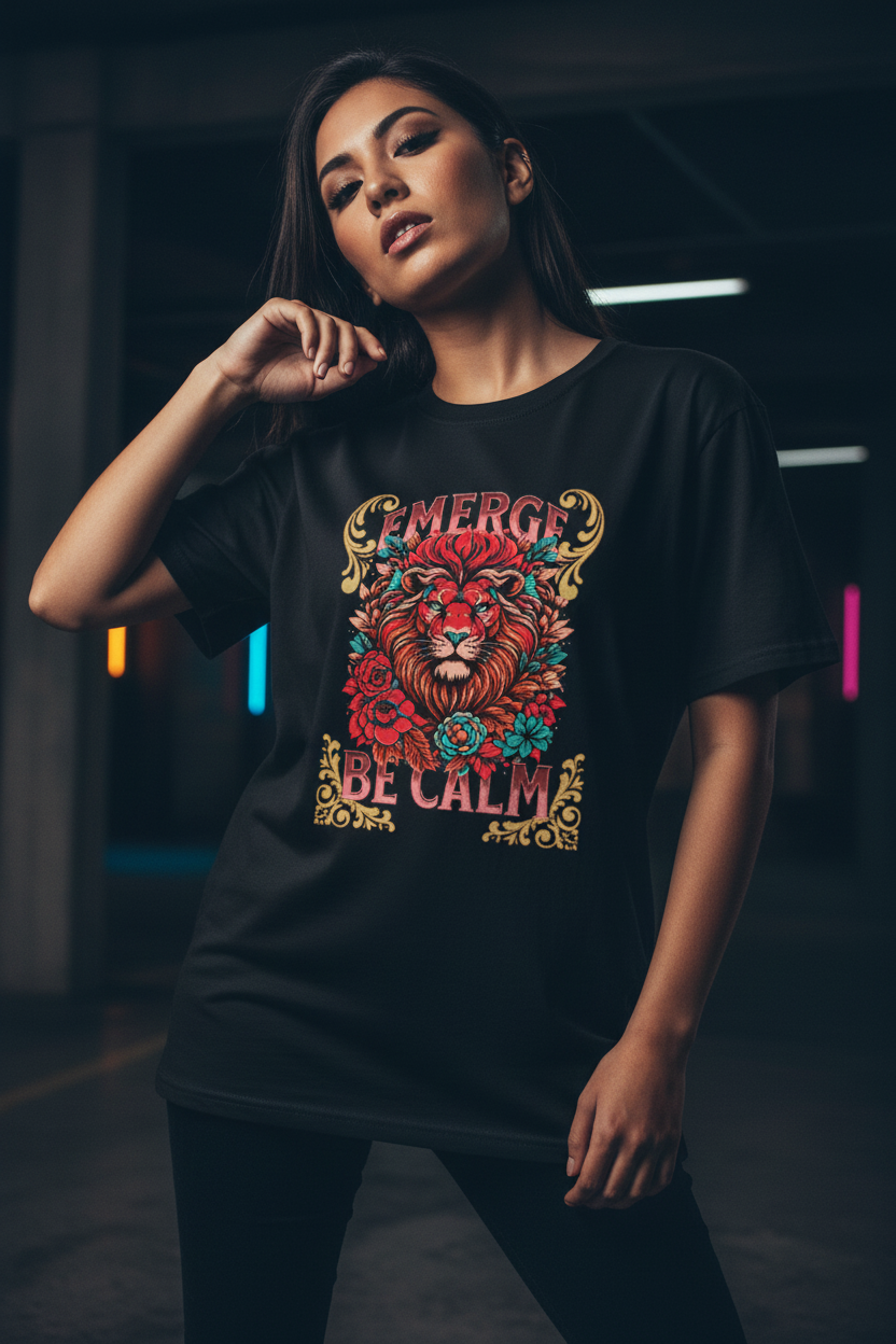 Hispanic female model wearing Emerge Be Calm Lion T-Shirt in creative editorial pose