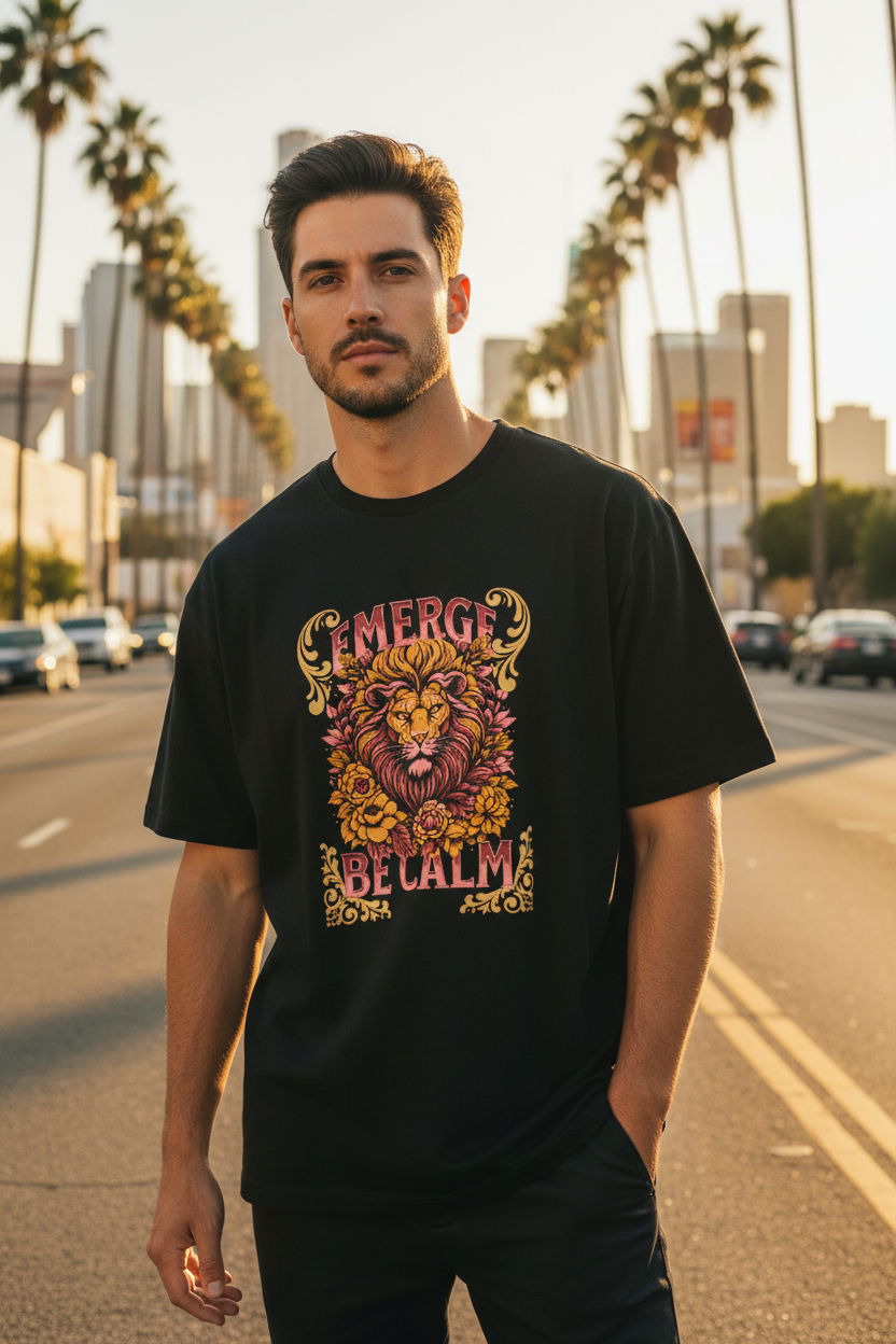 Hispanic male model wearing Emerge Be Calm Lion T-Shirt in Los Angeles
