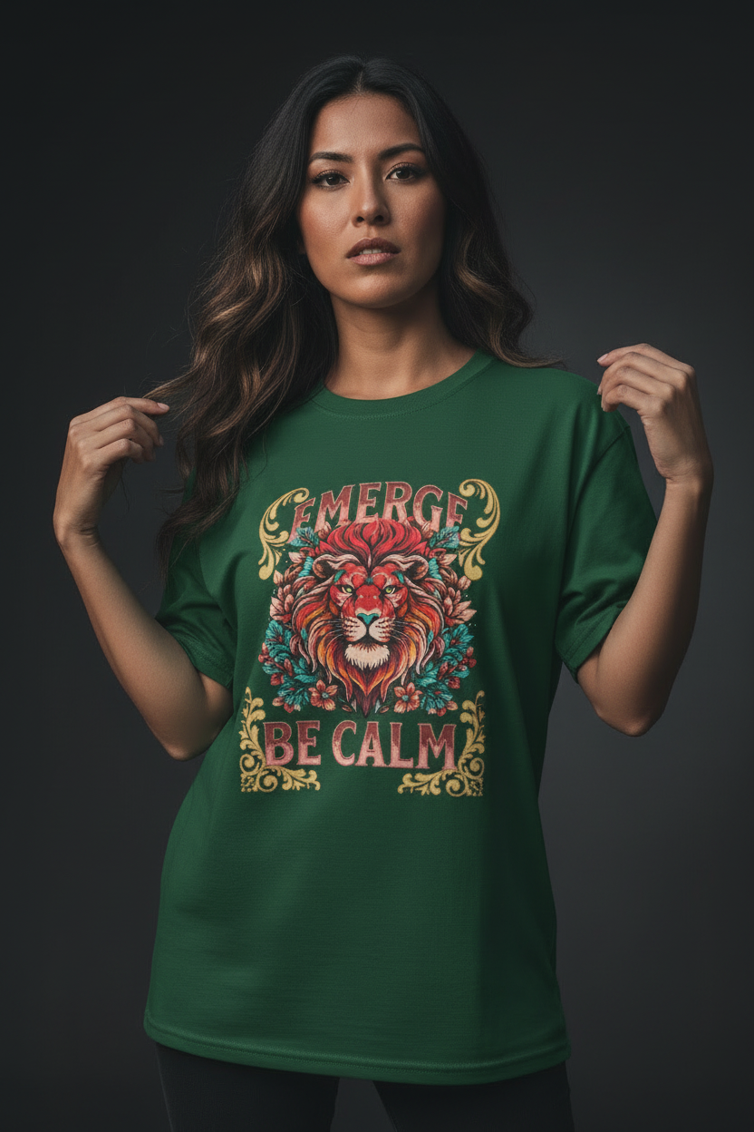 Hispanic female model wearing green Emerge Be Calm Lion T-Shirt in moody studio