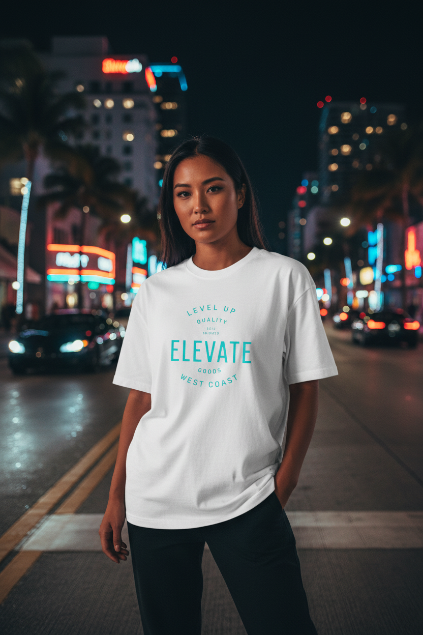 Asian female model wearing white Sky Is The Limit Tee on Miami streets at night with sports cars