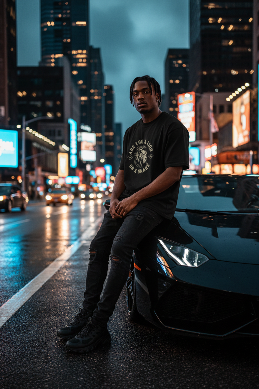 Black male model wearing Are You a Lion or a Snake Graphic Tee in city night setting with sports cars