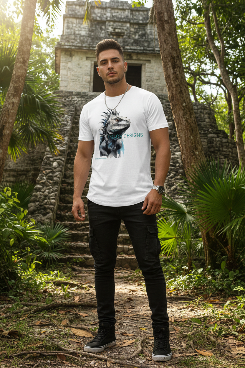 Male model wearing TOLOK iguana tee at Mayan temple with jungle backdrop