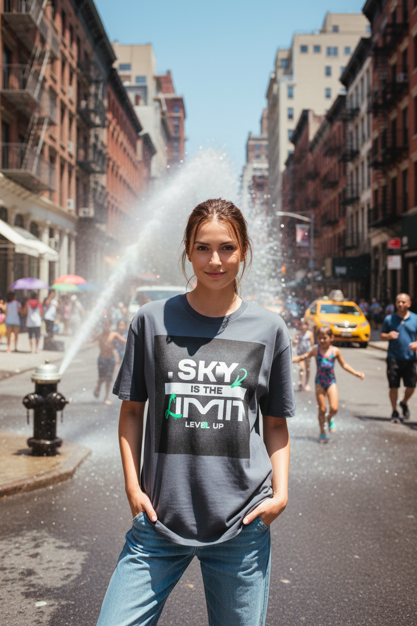 White female model wearing grey Sky Is The Limit t-shirt in NYC summer