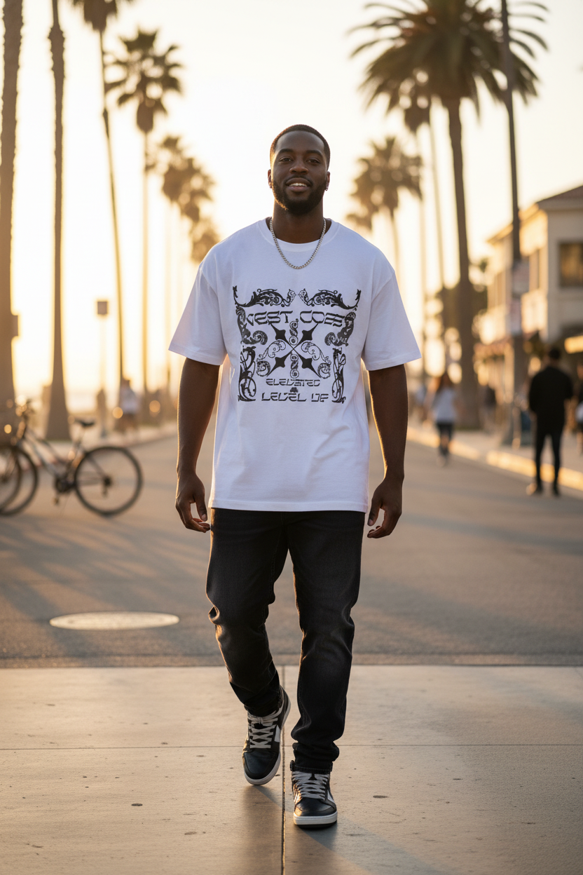Black male model wearing white West Coast gothic graphic tee in Orange County California