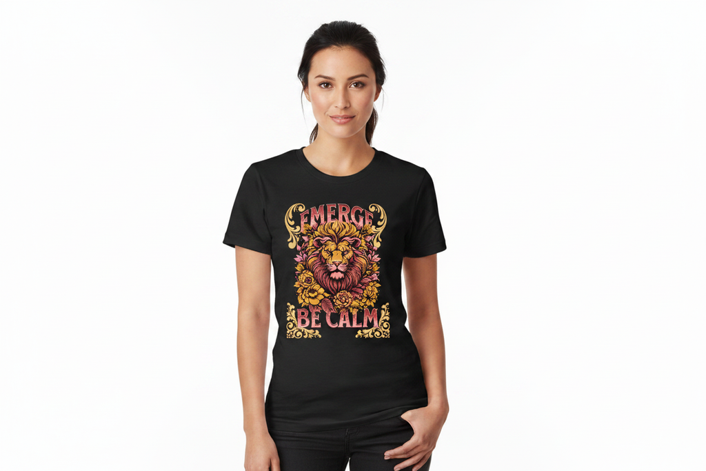 Female model wearing EMERGE BE CALM black t-shirt