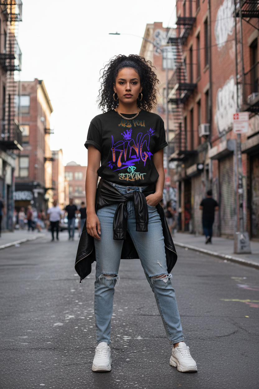 Hispanic girl wearing King or Servant tee in the city