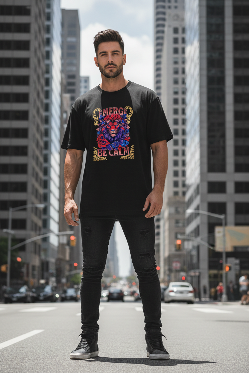 Hispanic male model wearing black Emerge Be Calm Lion T-Shirt in urban city