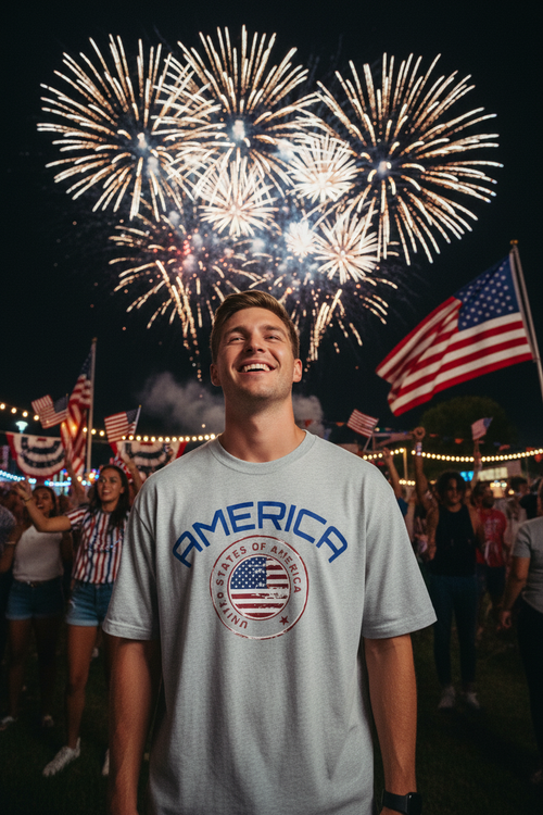 White male model smiling wearing America Flag T-Shirt at 4th of July celebration with fireworks