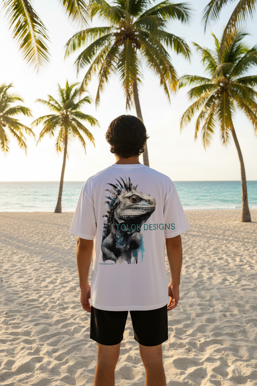 Hispanic male model back iguana design Caribbean beach