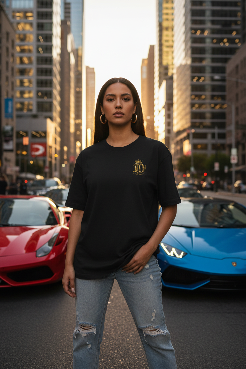 Hispanic female model wearing Iguana Graphic Tee in urban city setting with sports cars