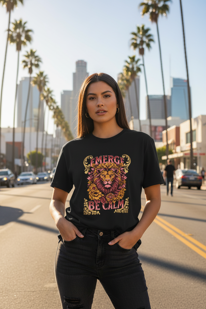 Hispanic female model wearing Emerge Be Calm Lion T-Shirt in Los Angeles