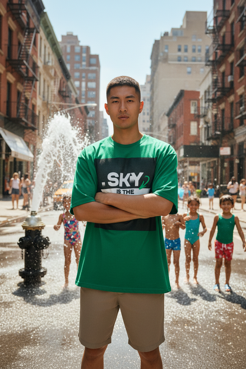 Asian male model wearing green Sky Is The Limit t-shirt in NYC summer