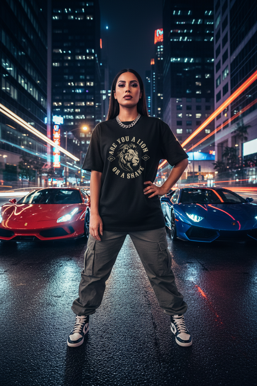 Hispanic female model wearing Are You a Lion or a Snake Graphic Tee in city night setting with sports cars