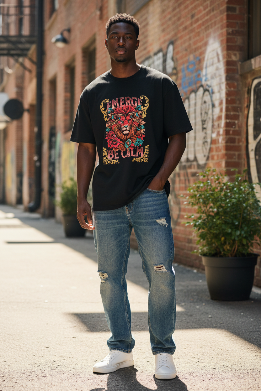 Black male model wearing Emerge Be Calm Lion T-Shirt in natural relaxed pose
