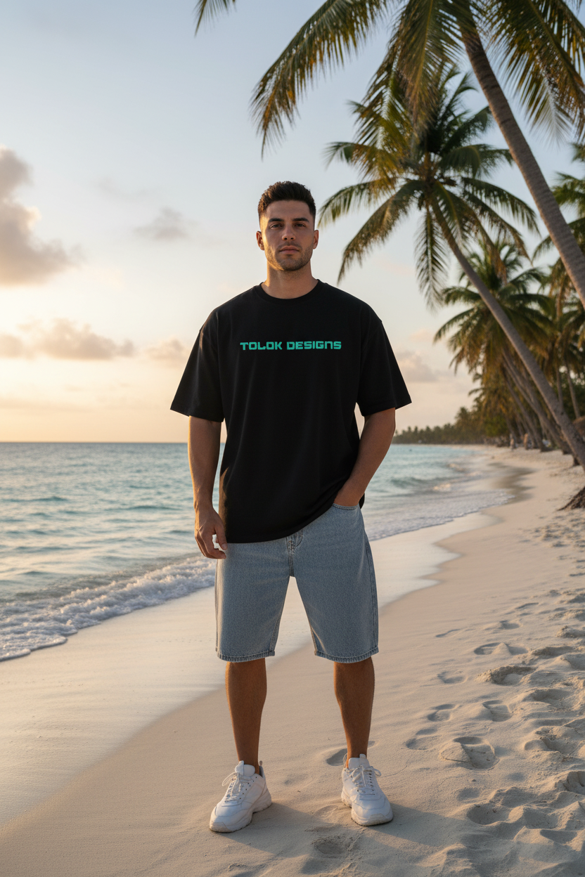 Hispanic male black tee front TOLOK DESIGNS logo Caribbean beach