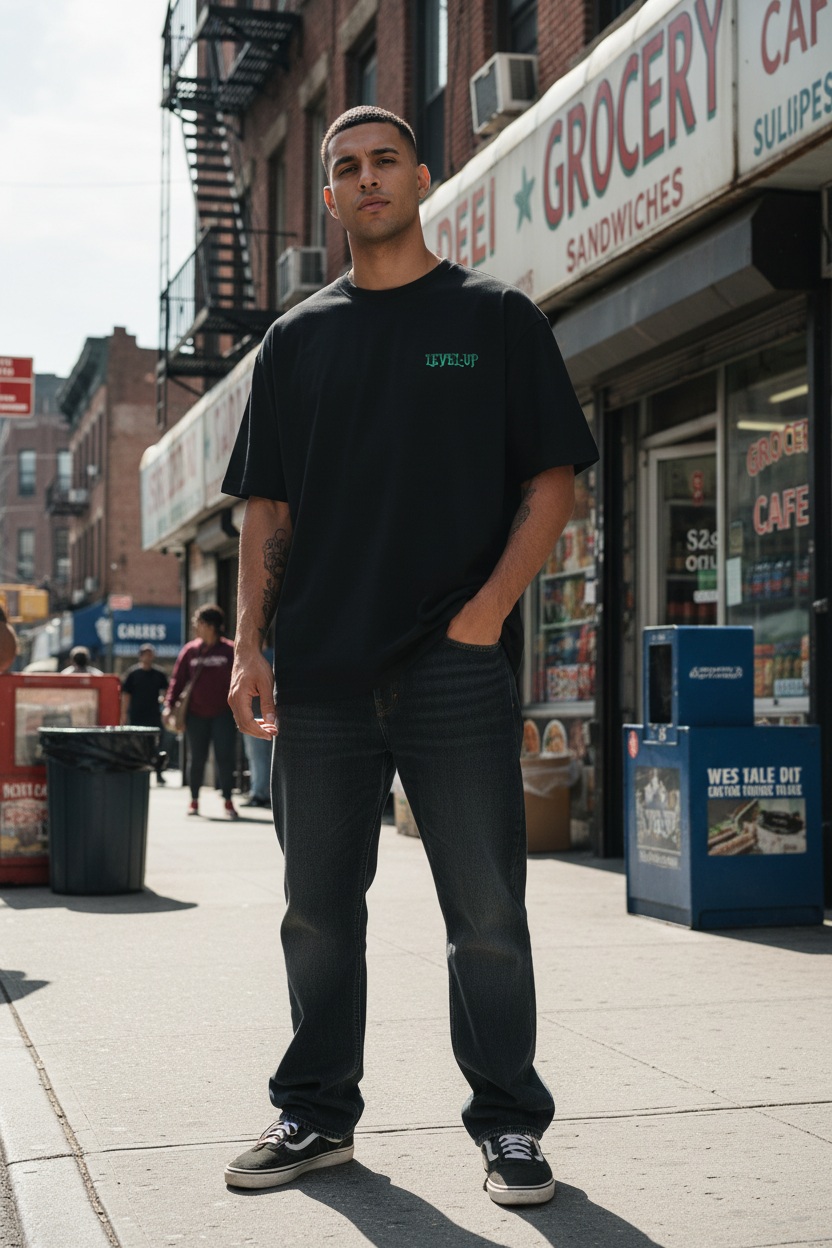 Puerto Rican male model wearing black Level-Up Boxy Tee outside Bronx deli shop