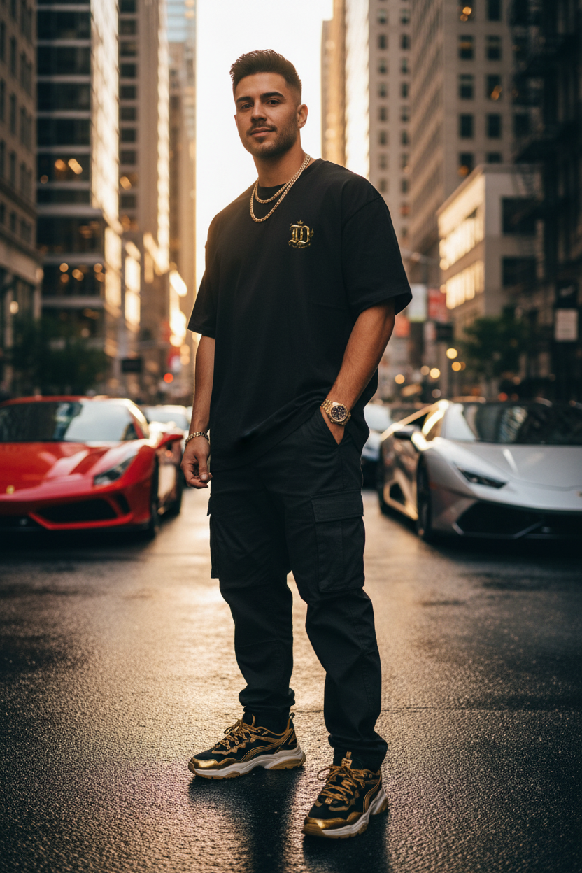 Hispanic male model wearing Iguana Graphic Tee in urban city setting with sports cars