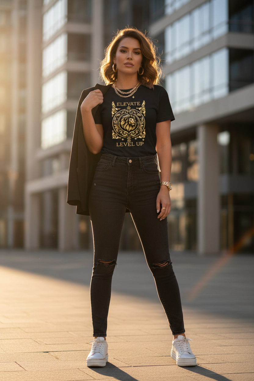 Female model wearing Elevate Level Up black t-shirt