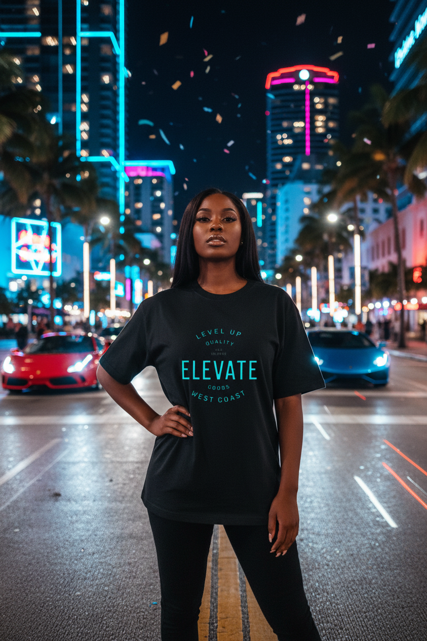 Black female model wearing Sky Is The Limit Tee on Miami streets at night with sports cars