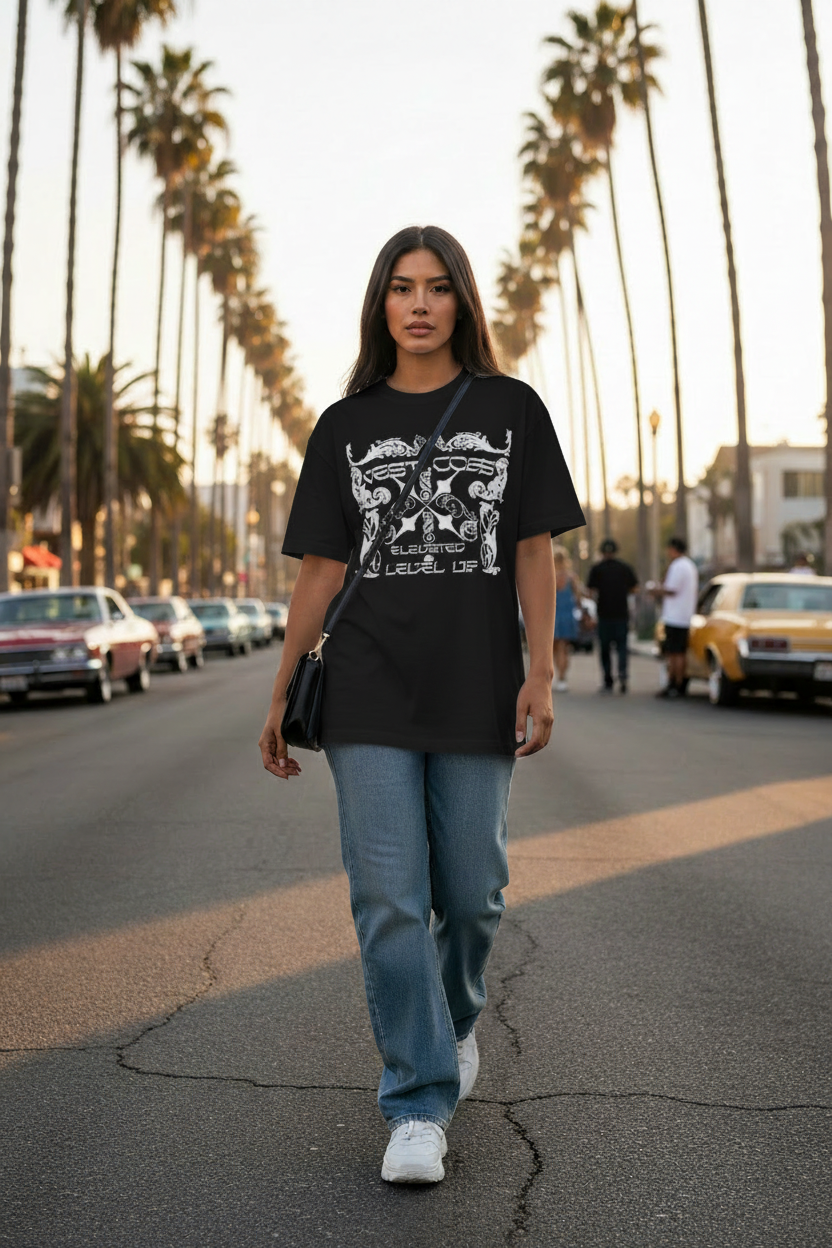 Hispanic female model wearing black West Coast gothic graphic tee in Orange County California
