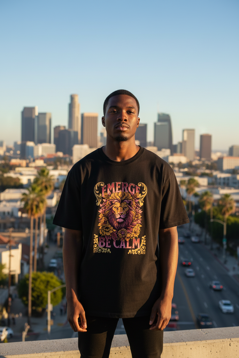 Black male model wearing Emerge Be Calm Lion T-Shirt in Los Angeles