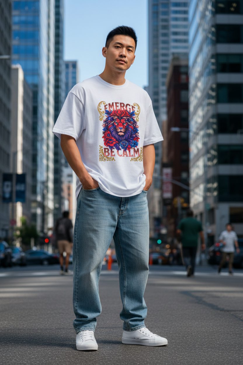 Asian male model wearing white Emerge Be Calm Lion T-Shirt in urban city