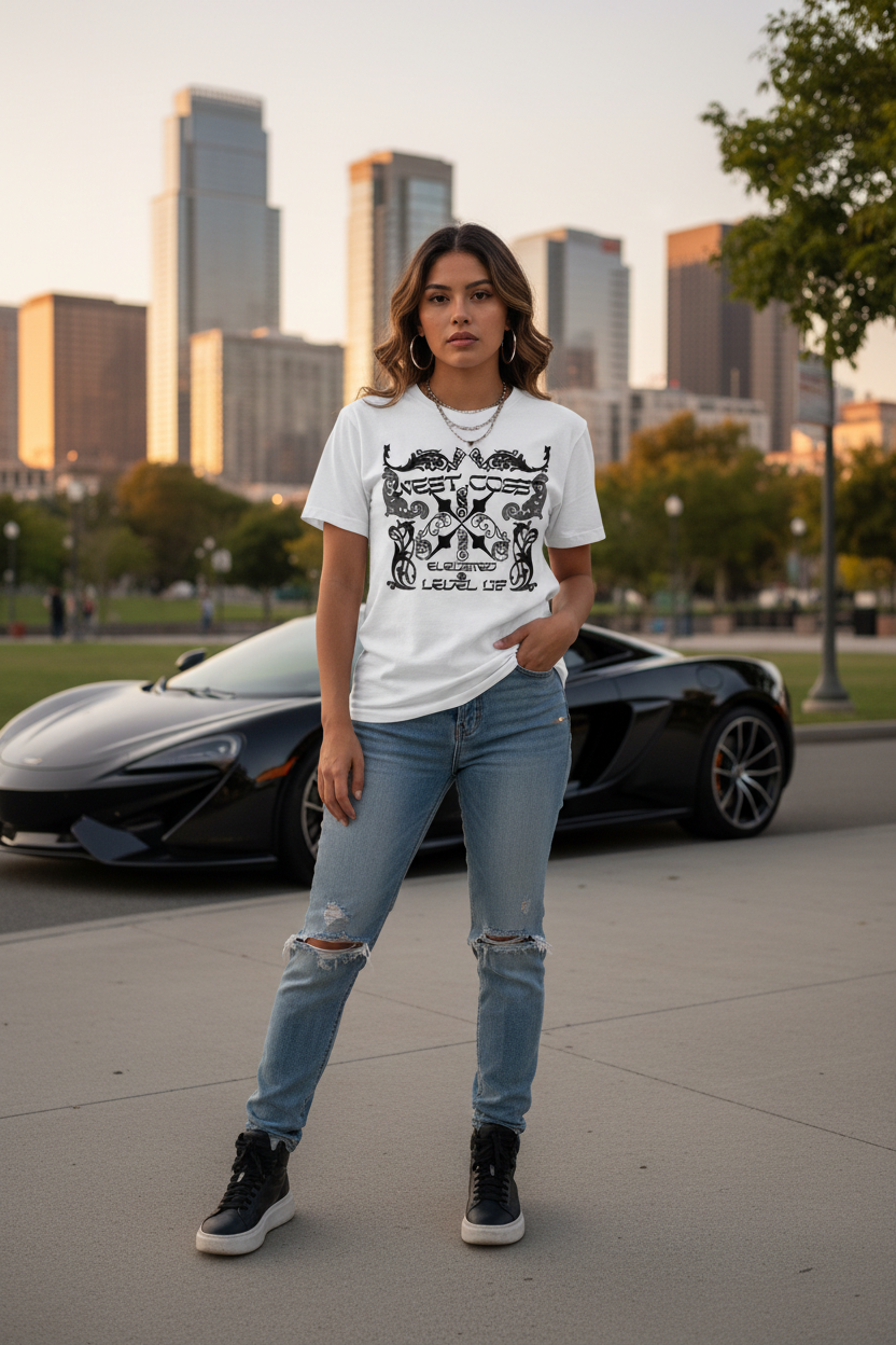 Hispanic girl wearing West Coast Elevated Level Up tee in city park