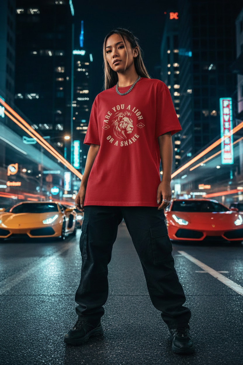 Asian female model wearing red Are You a Lion or a Snake Graphic Tee in city night setting with sports cars