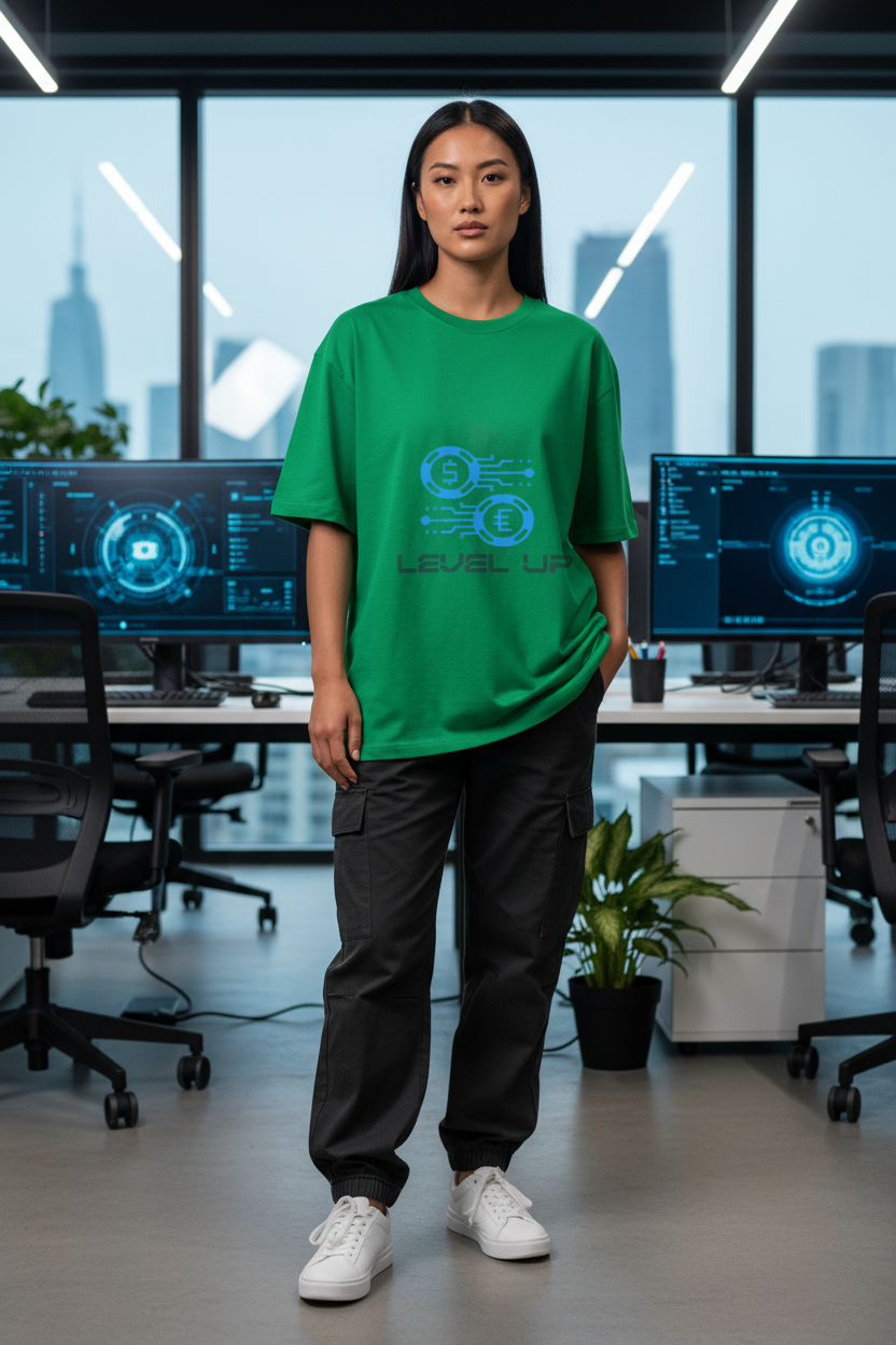 Asian female model wearing green Level Up Gaming t-shirt in tech office