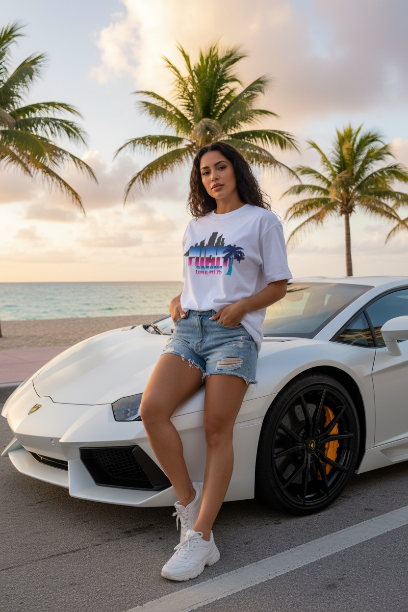 Hispanic female model wearing white Miami Dreams t-shirt next to Lamborghini on Miami beach street