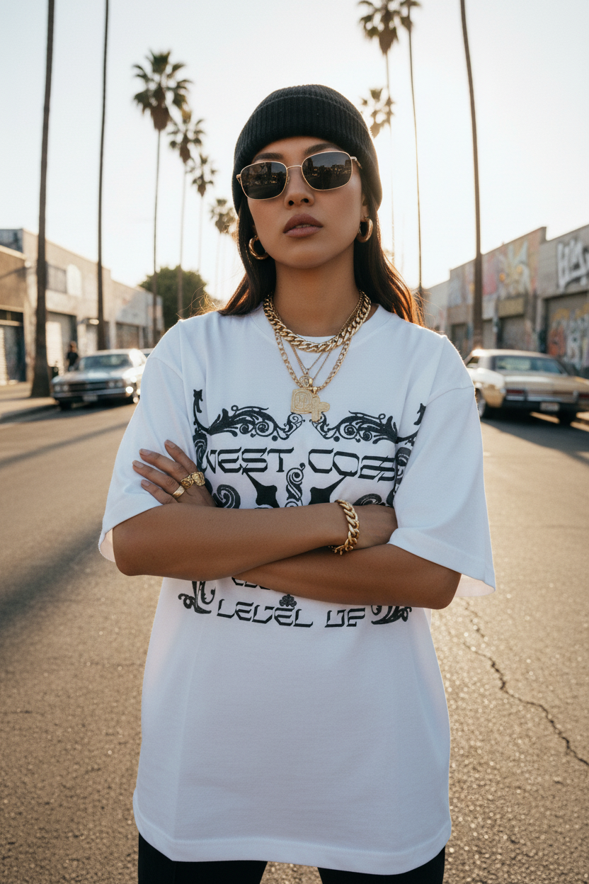 Asian female model wearing West Coast gothic graphic tee on California street