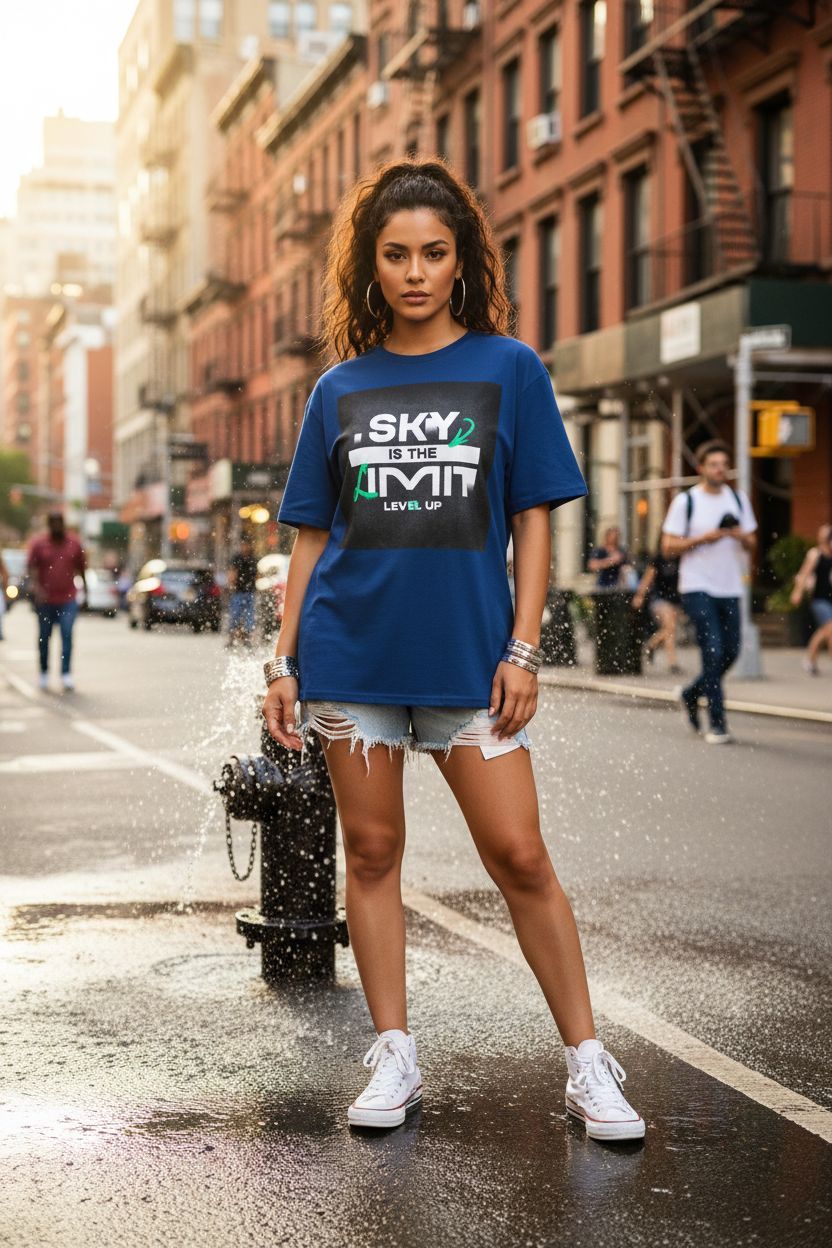Hispanic female model wearing royal blue Sky Is The Limit t-shirt in NYC summer