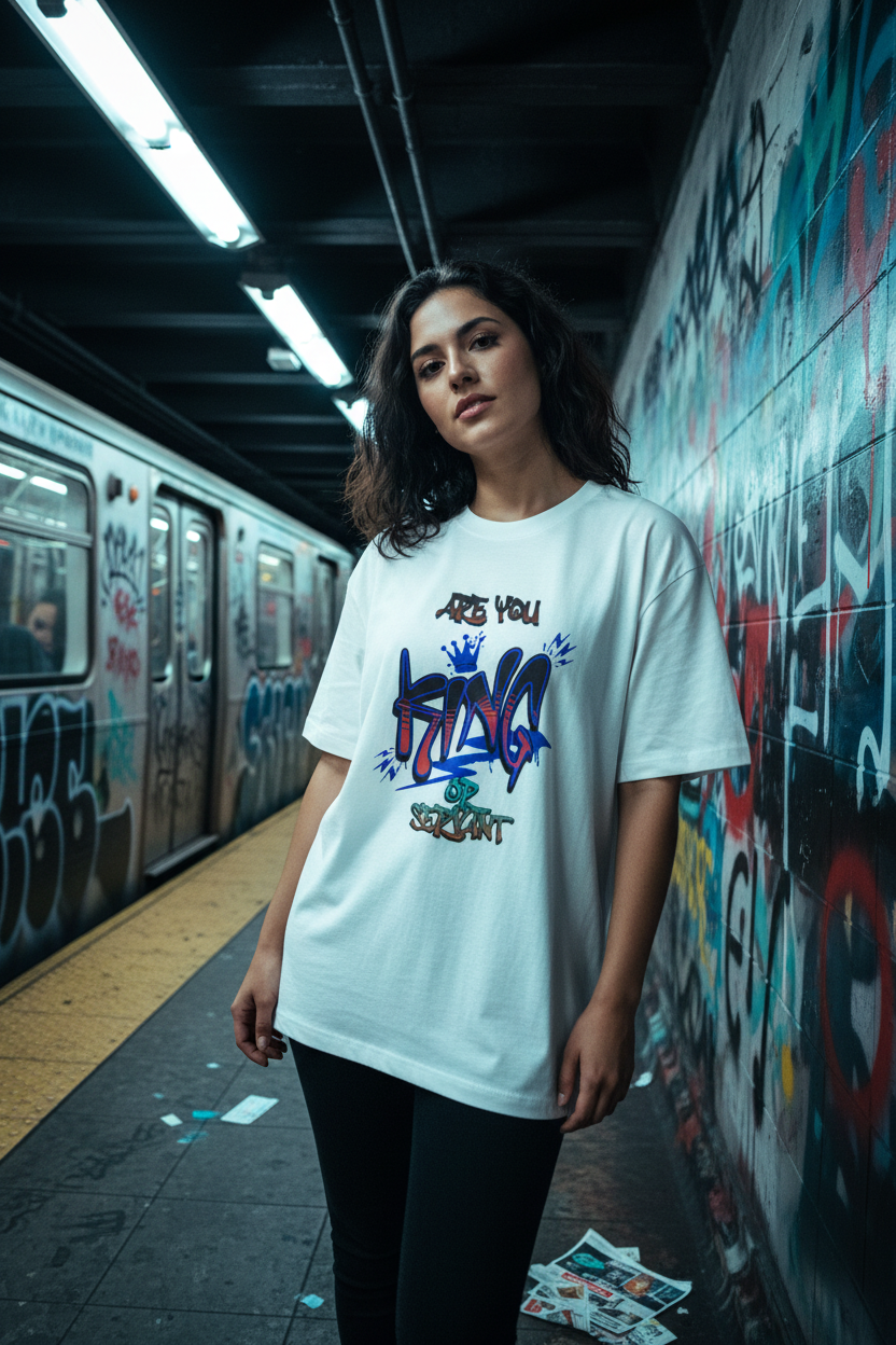 Hispanic female model wearing white King Graffiti t-shirt in NJ subway