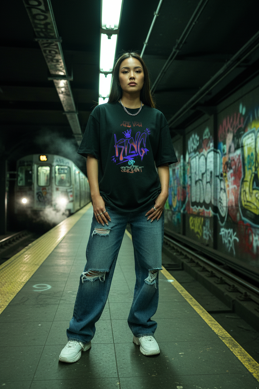 Asian female model wearing black King Graffiti t-shirt in NJ subway