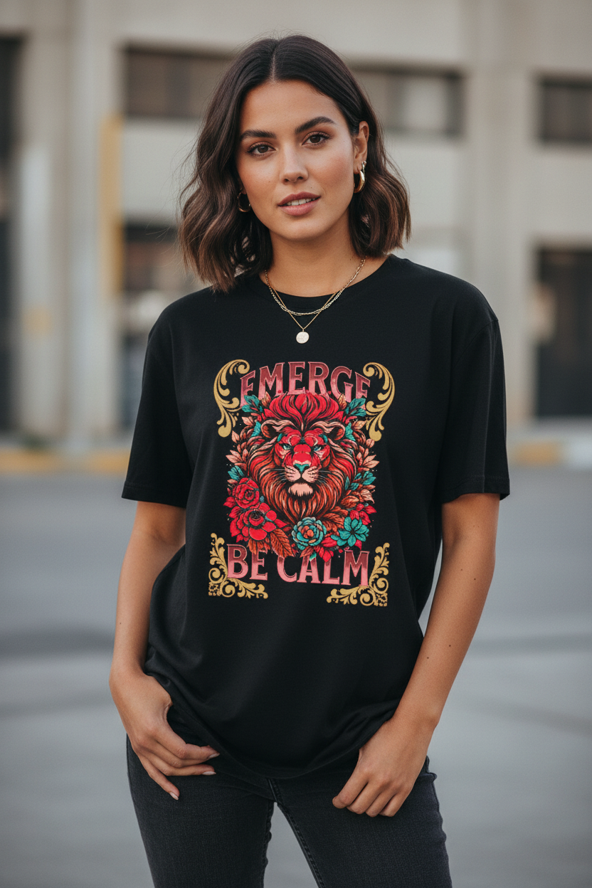 Hispanic female model wearing Emerge Be Calm Lion T-Shirt in natural relaxed pose