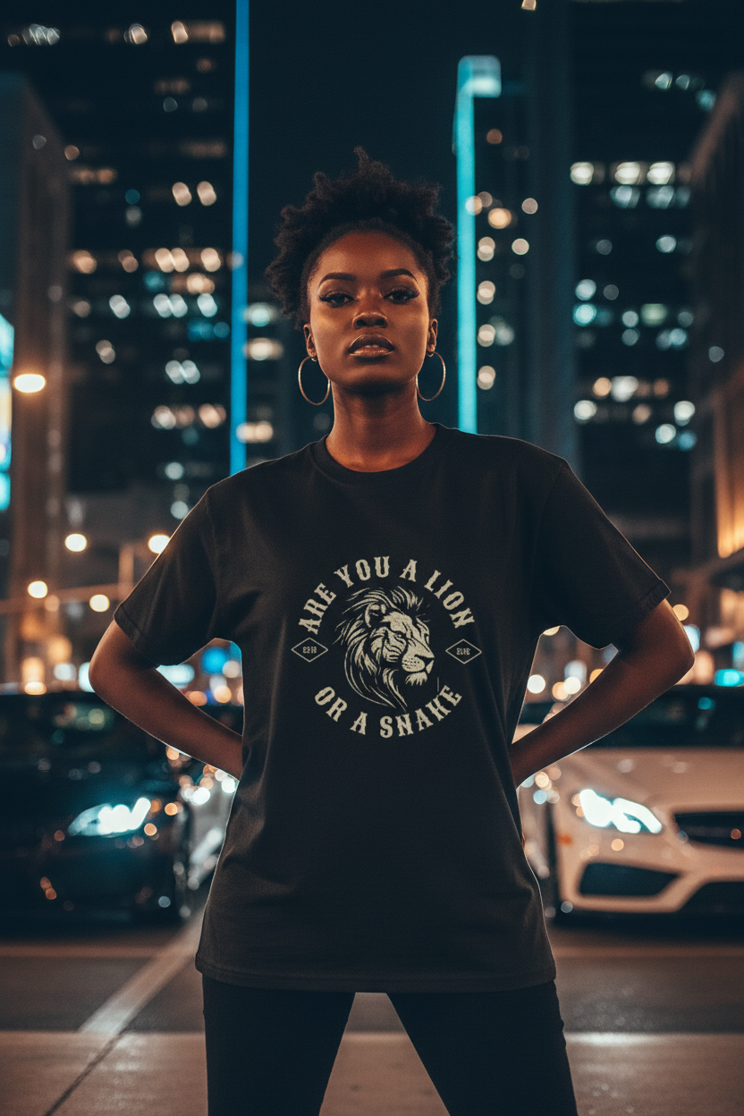 Black female model wearing Are You a Lion or a Snake Graphic Tee in city night setting with sports cars